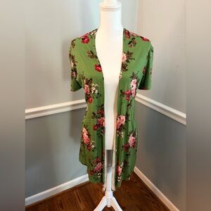 Amore Ail.F.Y Green Floral Open Front Kimono Duster Cardigan Size M
